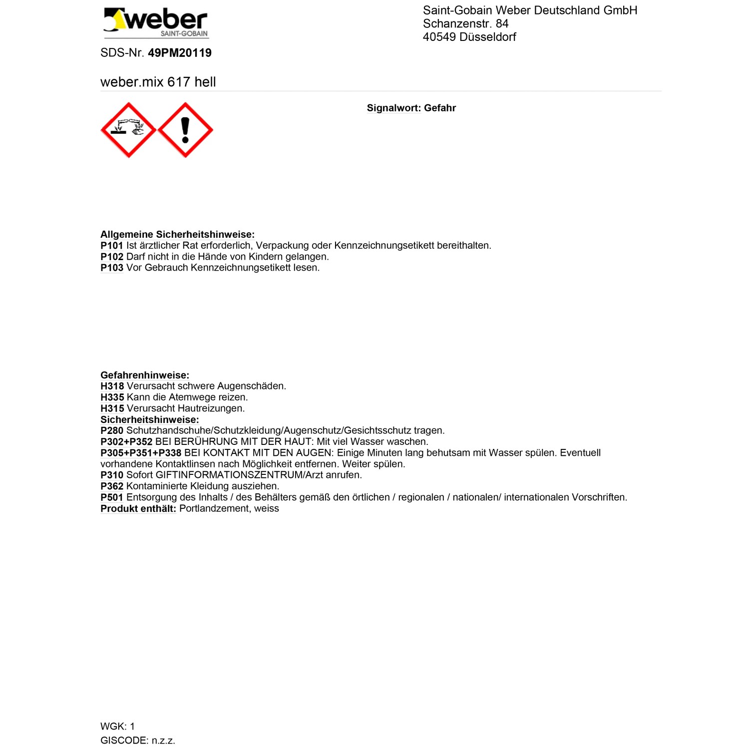 Sicherheitsdatenblatt Weber Mix 617 hell: Gefahrenhinweise und Sicherheitsmaßnahmen.
