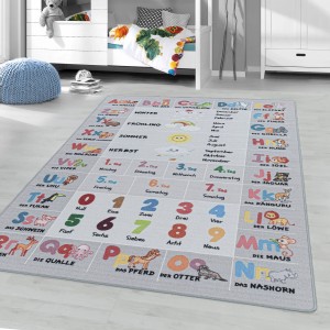 Ayyildiz Kinderteppich Play grau, 100x150 cm mit Buchstaben und Zahlen für Kinderzimmer.