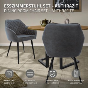 ML-Design 4er Set Esszimmerstühle, anthrazit, mit Kunstlederbezug, Rautensteppung, Armlehnen, schwarzen Stahlbeinen.