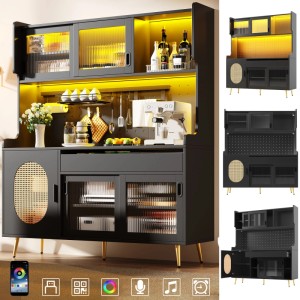 Moderner schwarzer Buffetschrank mit LED-Beleuchtung, Glas- und Rattantür, Schublade, Lochplatte. Viel Stauraum für die Küche.