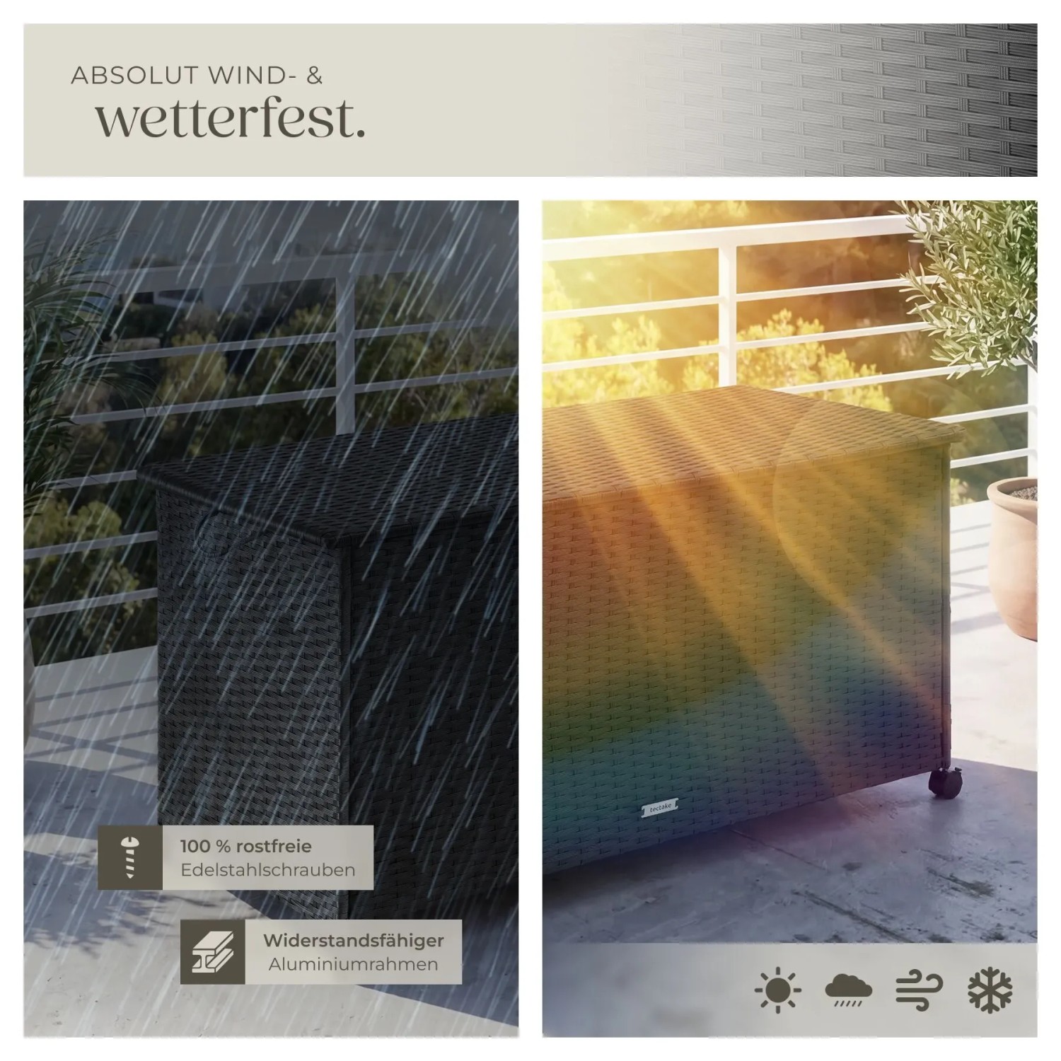 Tectake Auflagenbox Kuusamo, 253 L, aus Polyrattan mit Rollen und Griff, wetterfest.