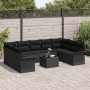 Schwarzes 10-teiliges vidaXL Garten-Sofa-Set aus Poly Rattan mit Kissen.