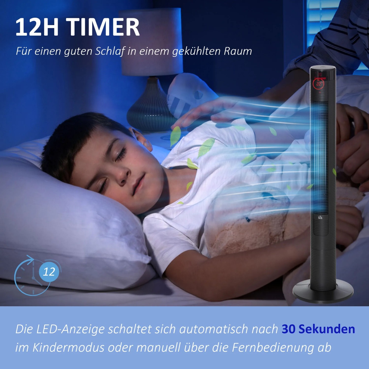 Schwarzer HOMCOM Turmventilator mit Fernbedienung neben schlafendem Kind im Bett.