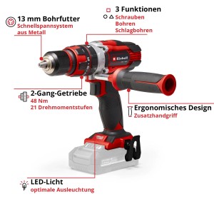 Einhell Akku-Schlagbohrschrauber TE-CD 18/48 Li-i-Solo mit Zusatzhandgriff.