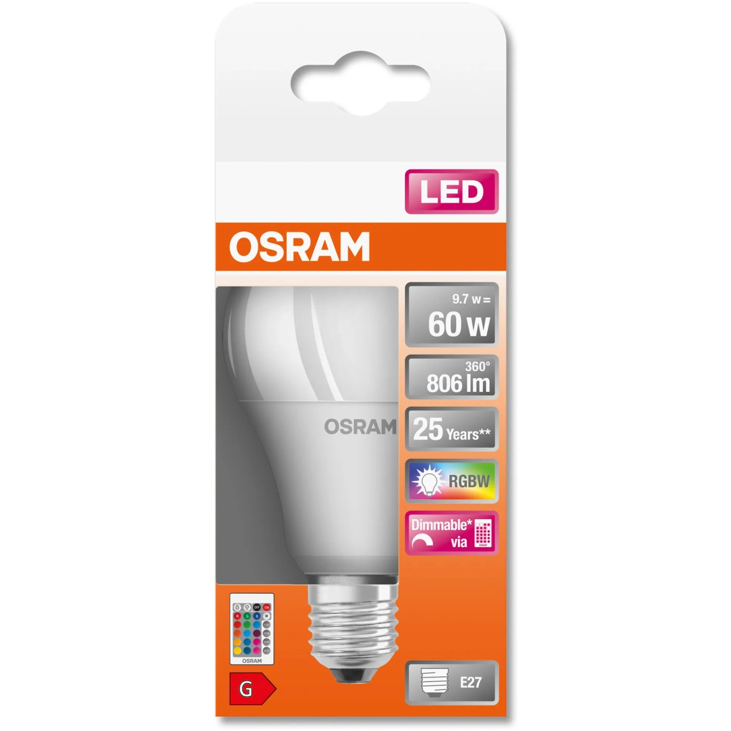 Osram E27 LED Lampe, 9,7W, dimmbar mit Fernbedienung. Glühlampenform, warmweißes Licht.