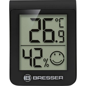 BRESSER Thermo- und Hygrometer in Schwarz zeigt Temperatur und Luftfeuchtigkeit an.