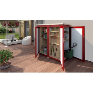 Weka Garten Q Terrassenschrank, schwedenrot, 160x75cm, mit geöffneten Türen und Gartengeräten.