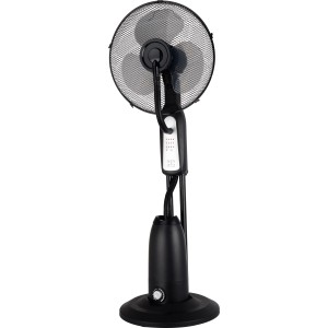 Schwarzer VLC Standventilator mit Sprühnebelfunktion für heiße Tage.