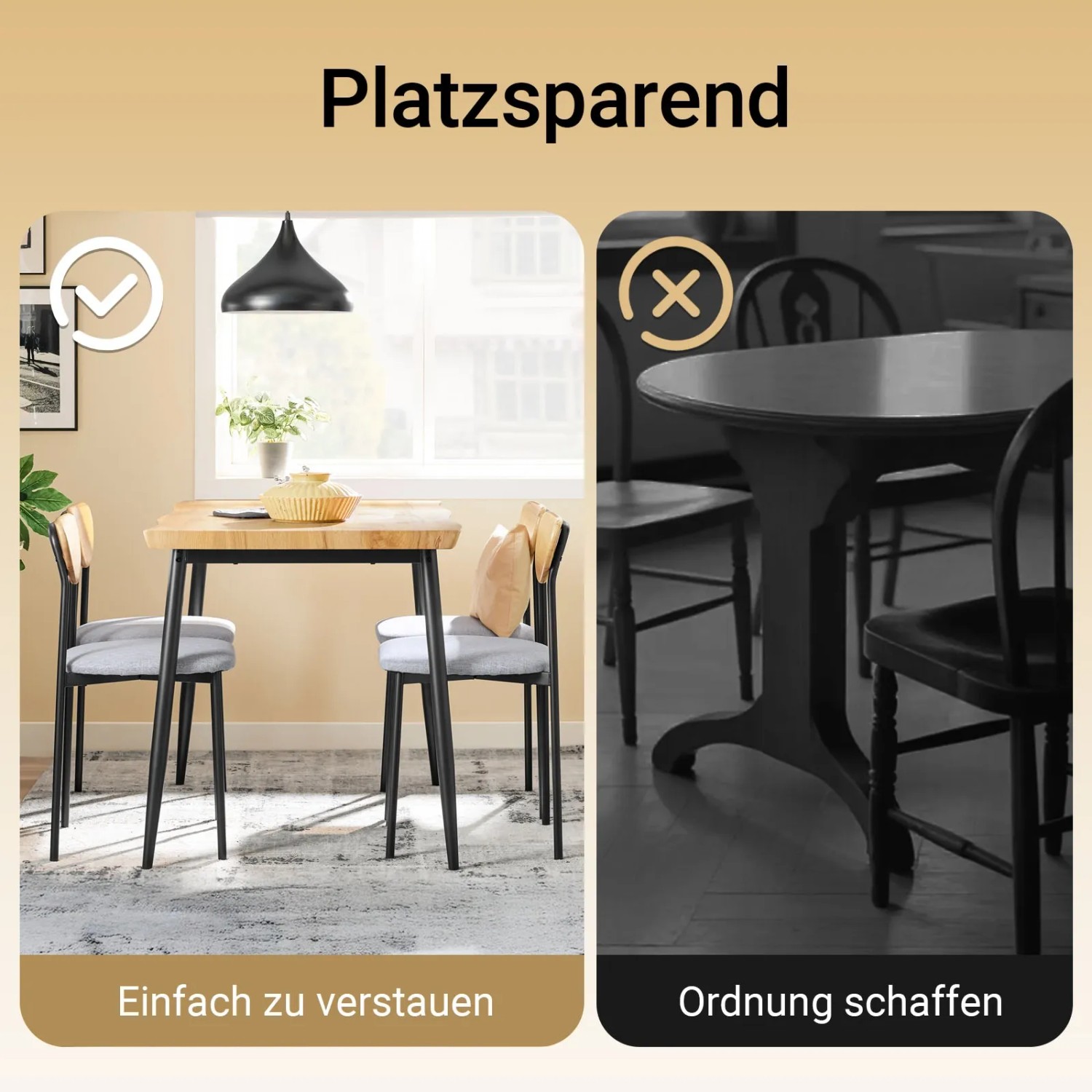 Platzsparende Essgruppe: Bartisch mit 4 Stühlen, die sich unter den Tisch schieben lassen.
