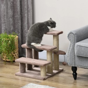 PawHut Katzentreppe mit 3 Stufen, Kratzsäulen und Spielball. Katze auf der Treppe.
