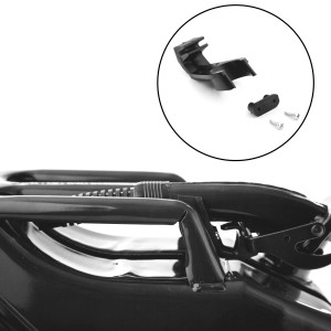 Detailaufnahme: Schwarzer Metall Kraftstoffkanister 10L mit Zubehör (Clip, Schrauben).