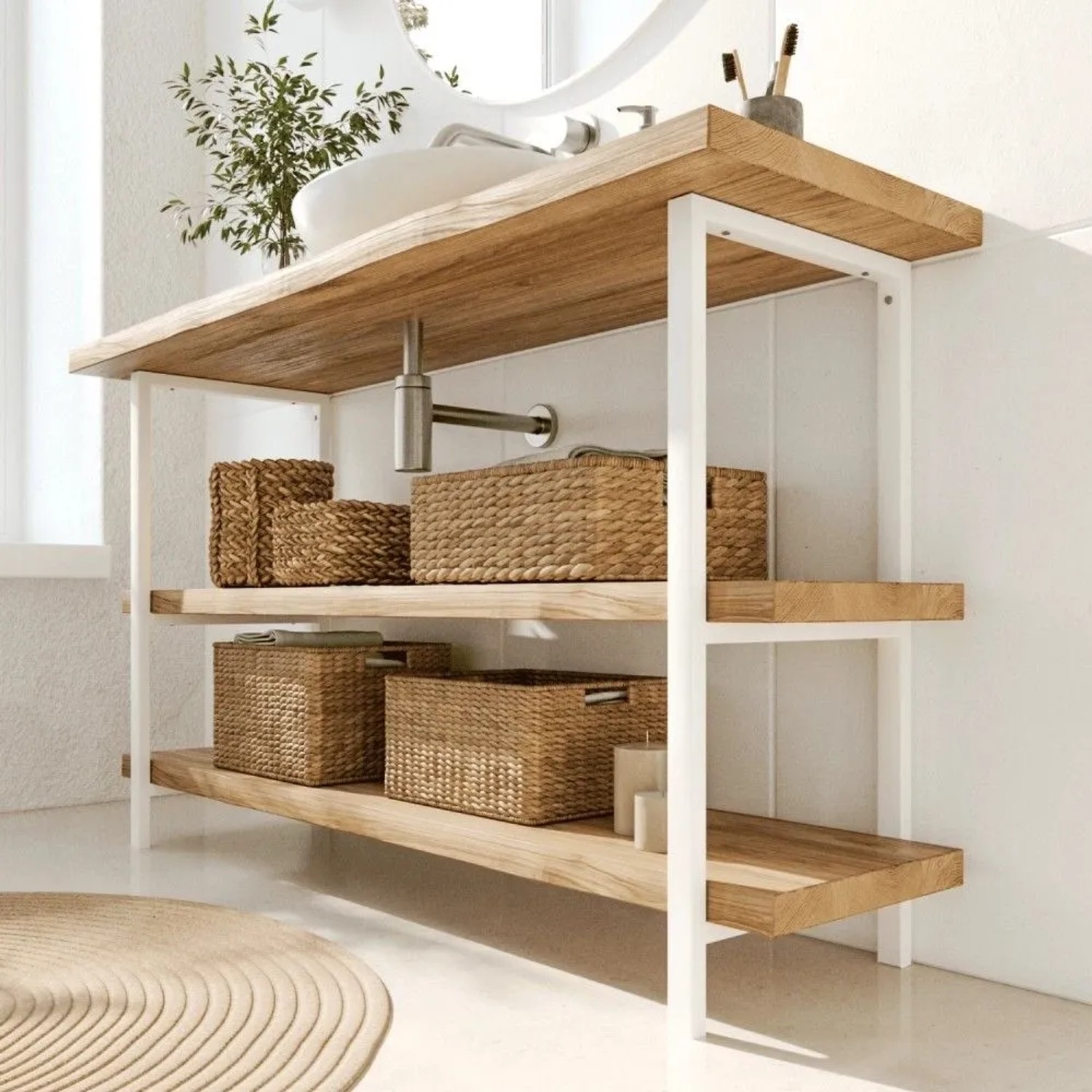 Weißes HEVVA Waschtischgestell DONAU mit 3 Ablageebenen aus Holz. Modernes Badaccessoire, stabil & funktional.