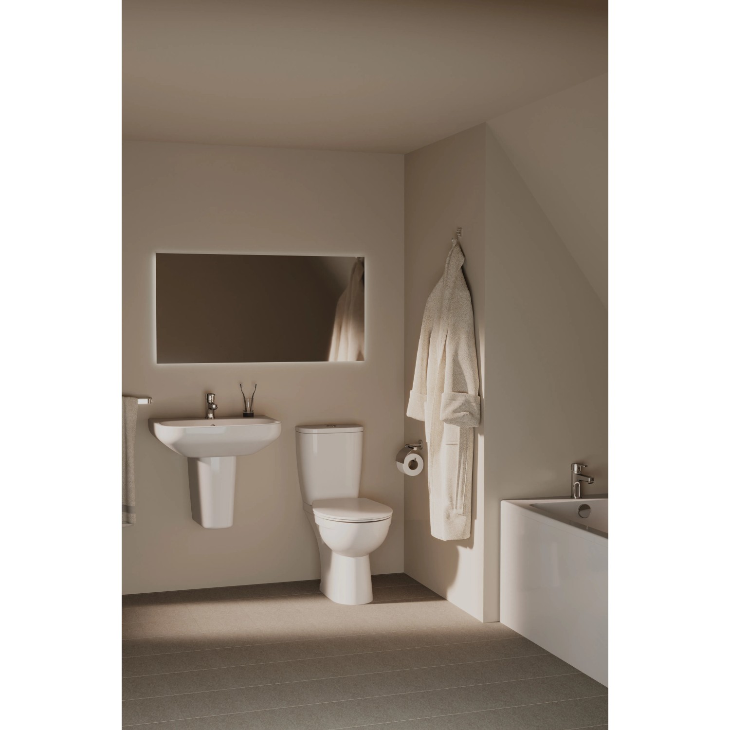 Ideal Standard i.life A Handwaschbecken mit Wandsäule in Weiß im Badezimmer.