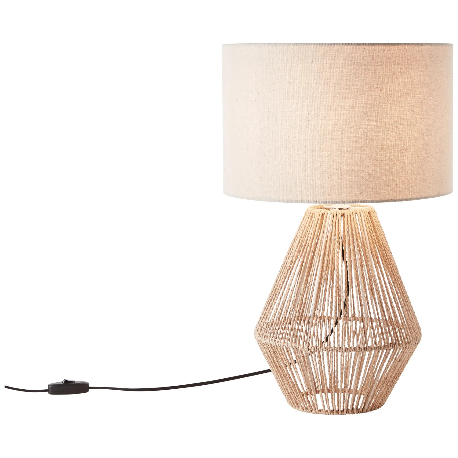 Beige-weiße Tischleuchte Laraine, 53 cm hoch, mit Textilschirm und Seil-Fuß.