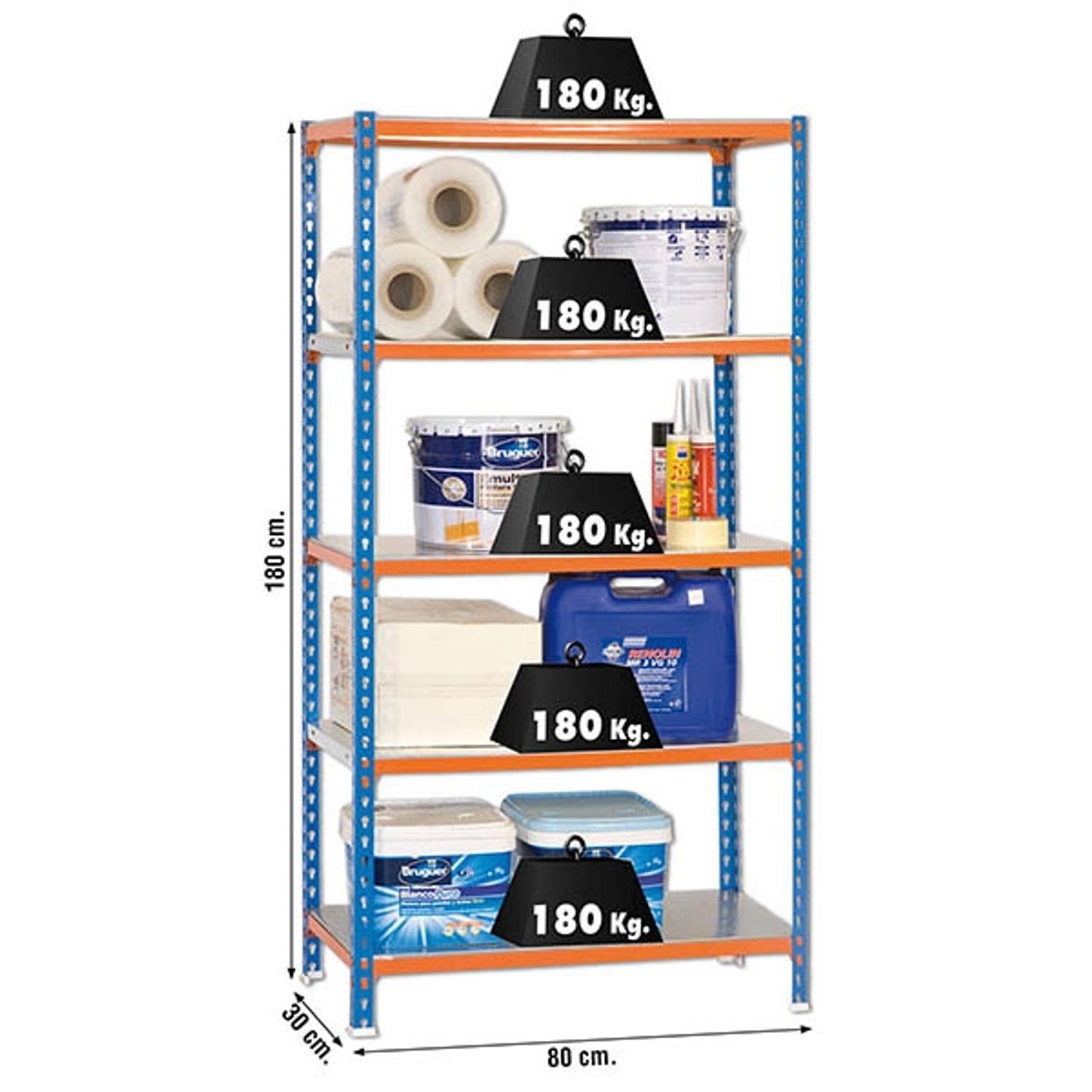 Belastbares PROREGAL Schwerlastregal, blau-orange, 180x80x30 cm, mit Waren bestückt.