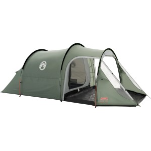 Coleman Coastline 3 Plus Zelt für 3 Personen, grünes Campingzelt mit Vorraum und geöffneten Eingängen.