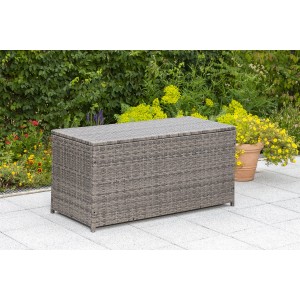 Graue Merxx Gartenkissenbox aus Kunststoffgeflecht, 123x54x60 cm, zur Aufbewahrung von Gartenauflagen.