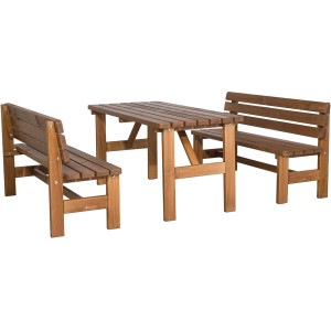 Rechteckiger, brauner Klapptisch „das Tessin“ aus Holz mit zwei passenden Bänken.