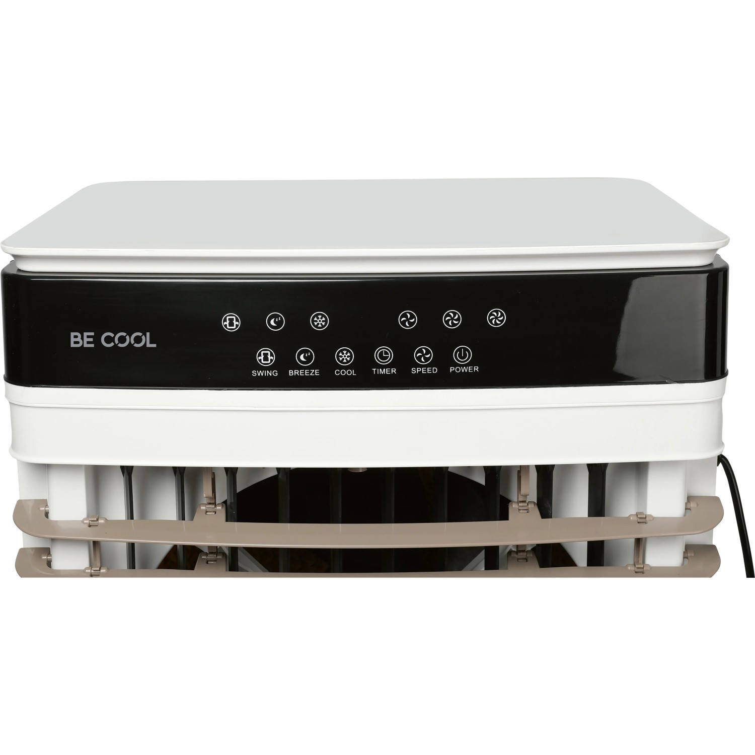 Luftkühler 60 l, weiß-braun, mit LED-Display und Bedienelementen. Ideal zur Kühlung von Innenräumen.