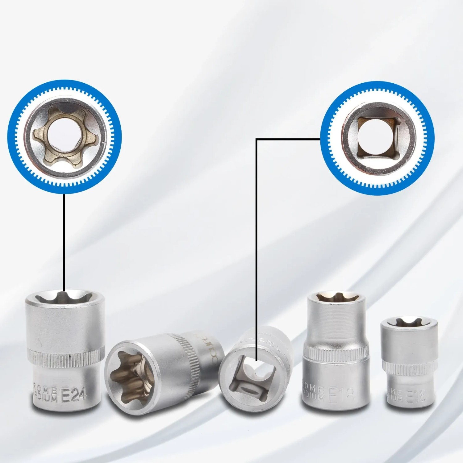 CCLIFE 14tlg Torx Nuss Set E4-E24 aus Chrom-Vanadiumstahl. Silberne E-Profil Stecknüsse mit 1/4, 3/8, 1/2 Zoll Antrieb.