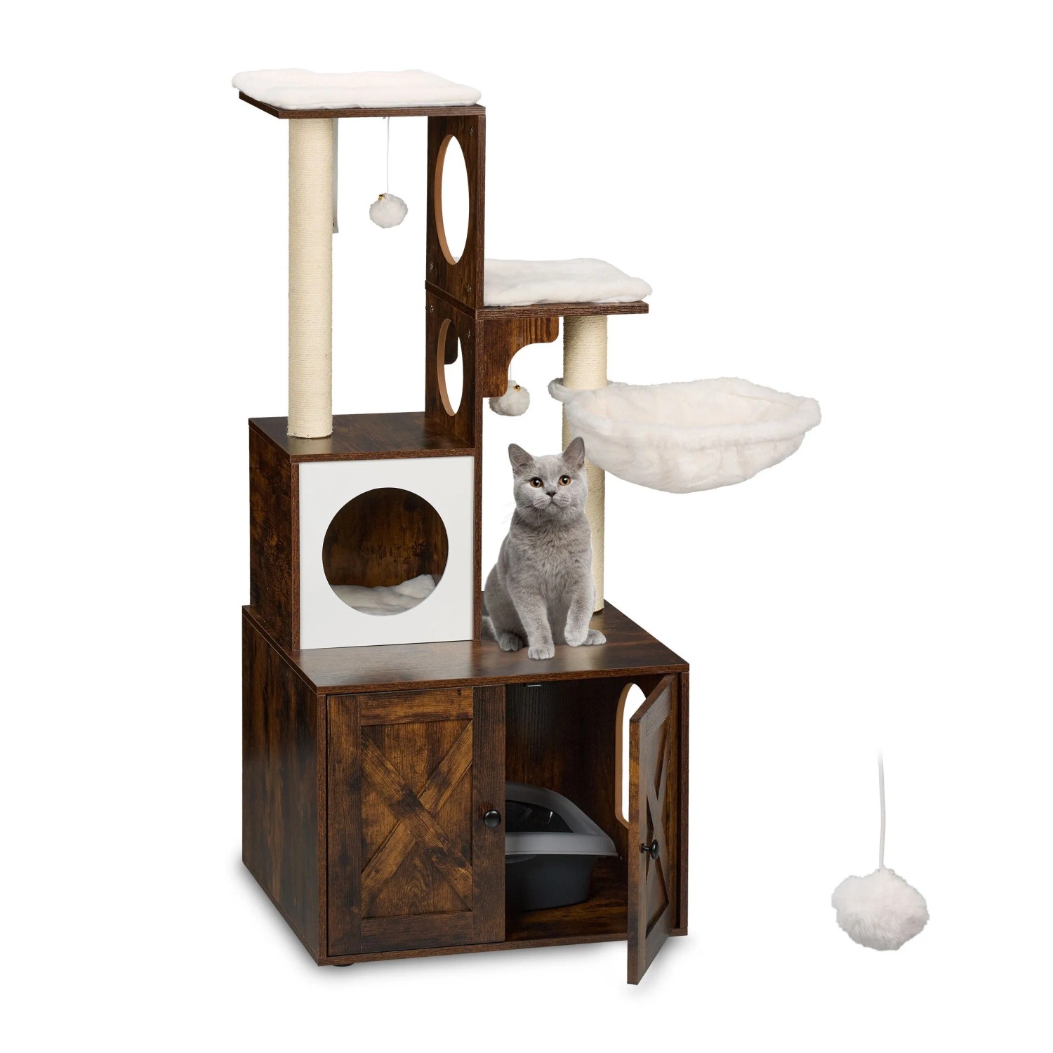 Relaxdays Kratzbaum MDF Weiß Braun Mit Katzenklo-Schrank Industrial-Design 128 cm x 95 cm x 52 cm 18.1 kg