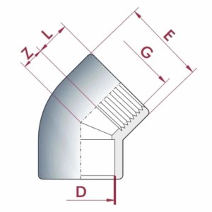 Cepex PVC-U 45° Winkelmuffe IG 50 mm: Technische Maßzeichnung mit Details für HT-Rohre und Wassersysteme.