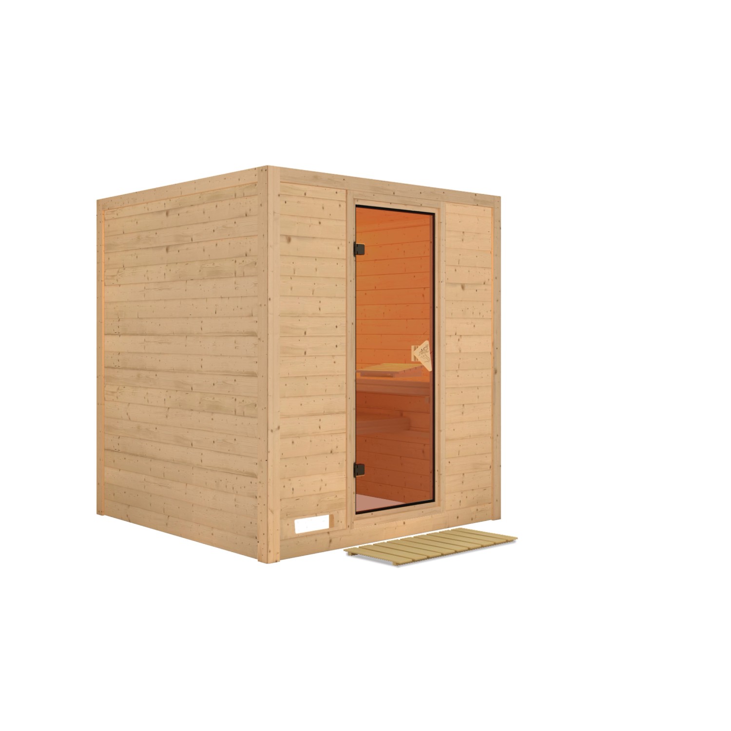 Karibu Sauna Marika Natur aus Massivholz mit Bronzetür und Holzrost vor dem Eingang.