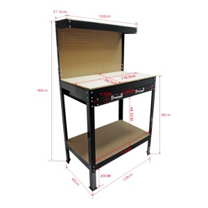 Schwarze Wiltec Werkbank 120x60x160cm mit MDF-Arbeitsplatte, Lochwand, Schublade und Ablage für die Werkstatt.