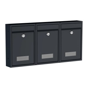 Basi Briefkasten Set, 3 anthrazitfarbene BK 100M Briefkästen zur Wandmontage.