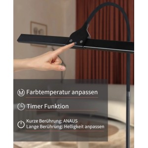 Hand bedient Touch-Bedienfeld der modernen schwarzen LED-Stehlampe mit Farbtemperatur- und Timerfunktion.