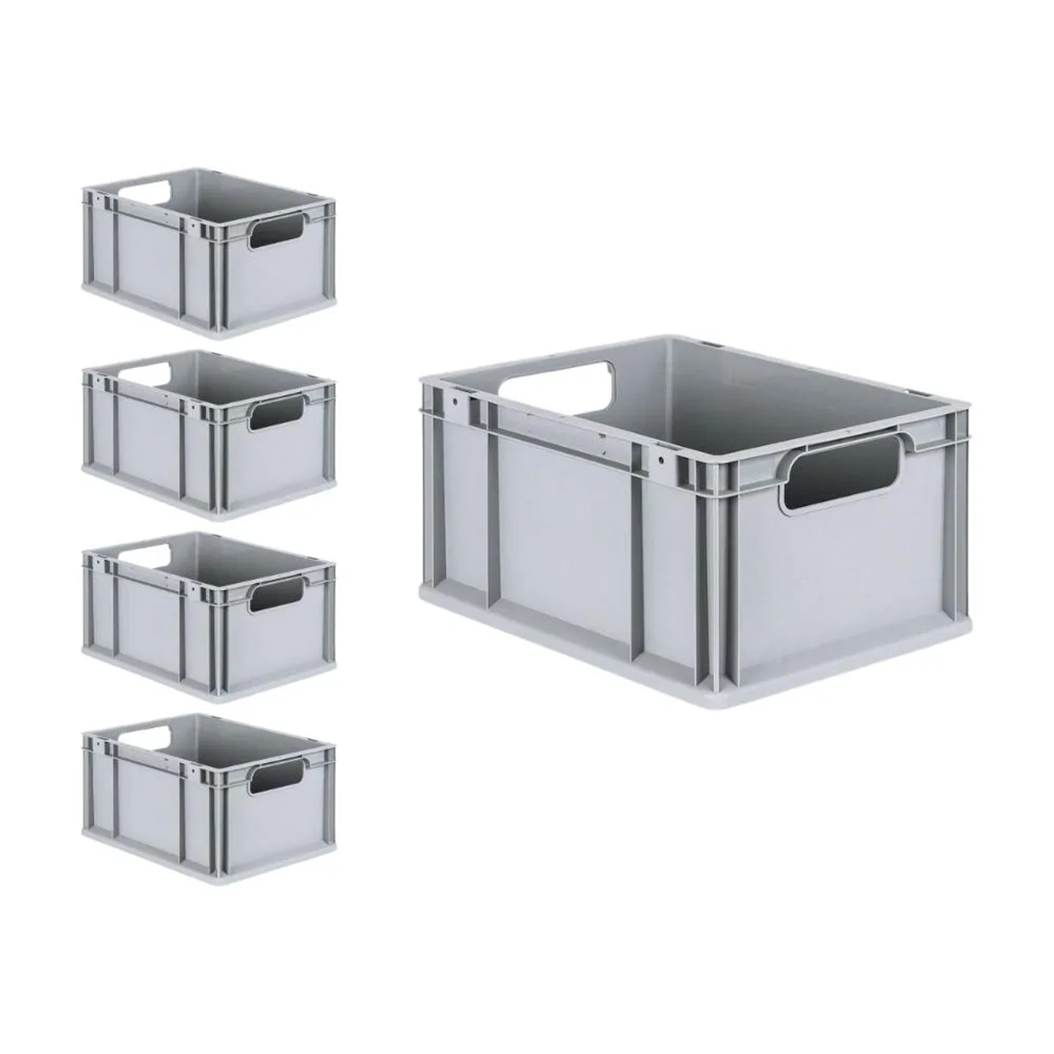 PROREGAL Spar Set: 5 graue Euroboxen Nextgen Economy, 20 Liter, mit offenen Griffen.