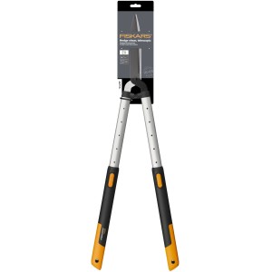 Fiskars SmartFit HS86 Teleskop-Heckenschere mit Stahlklingen und verstellbaren Griffen.