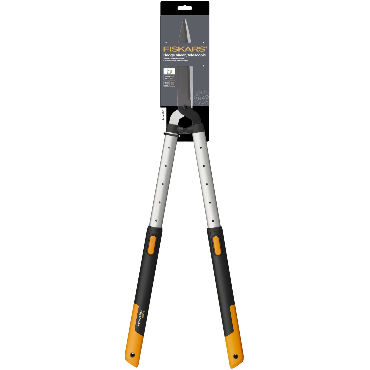 Fiskars SmartFit HS86 Teleskop-Heckenschere mit Stahlklingen und verstellbaren Griffen.