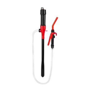 APA elektrische Transferpumpe, schwarz-rot, mit transparentem Schlauch und roter Auslassdüse für Flüssigkeiten.