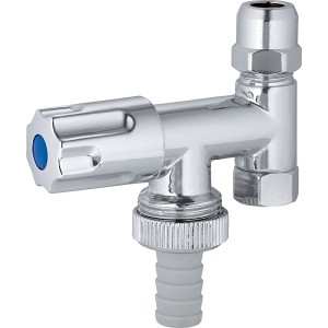 Verchromtes Waschgeräte-Eckventil mit Schlauchverschraubung für Wasch- und Spülmaschinen.