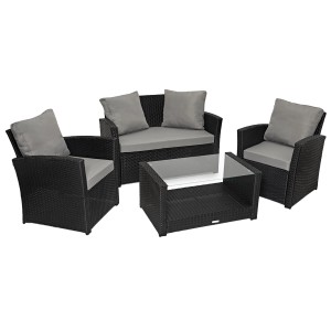 Schwarze Svita Roma Polyrattan Sitzgruppe mit Sofa, Sesseln und Tisch für den Garten.