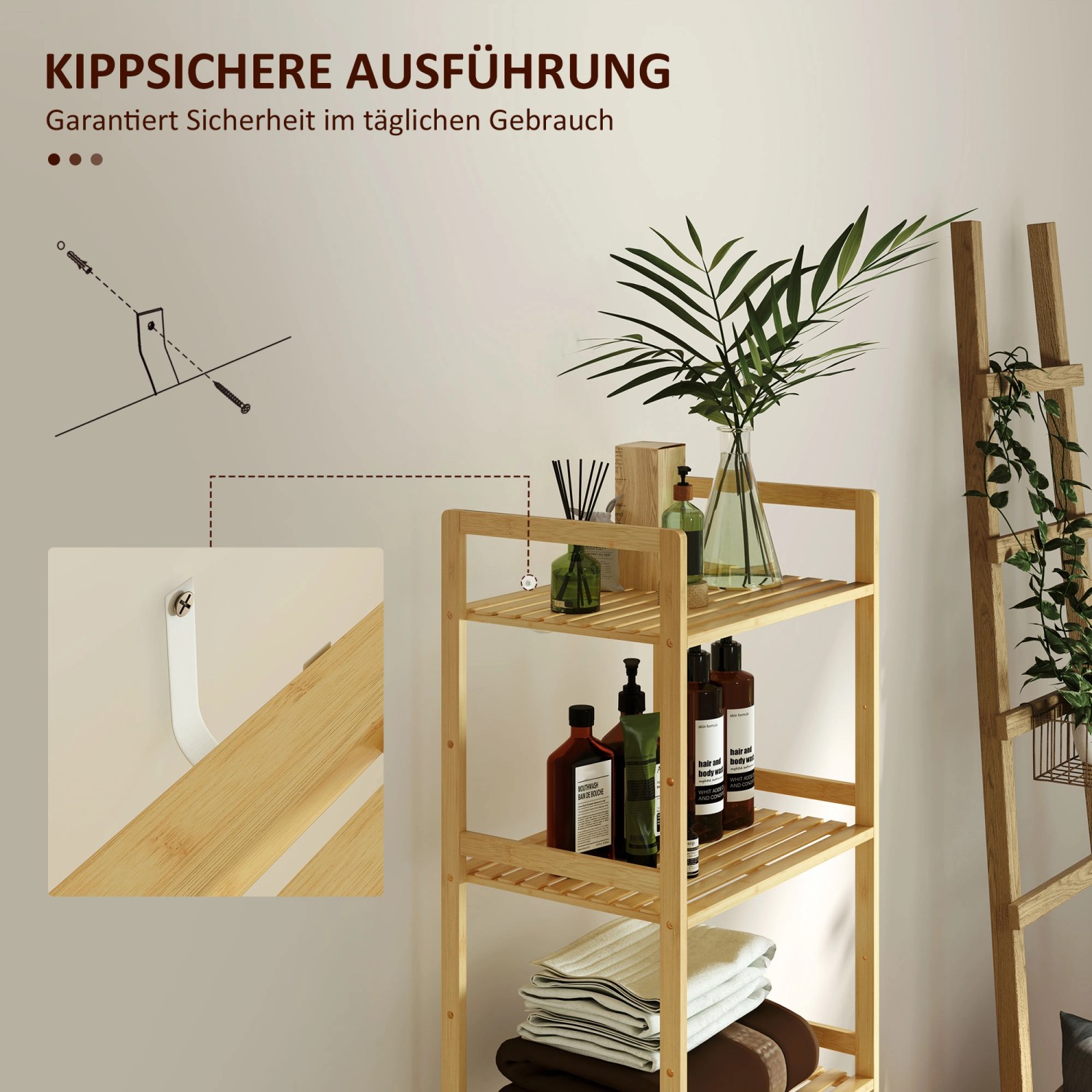 HOMCOM Badregal aus Bambus mit Kippschutz, Naturholz, 43,5x31,5x142cm.