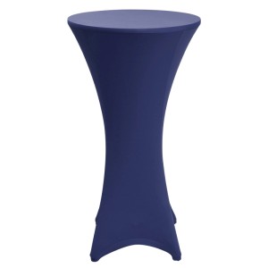 Blaue Stretch Stehtischhusse für Bistrotische, ø80-85cm. Elegantes Design, optimale Passform für Events.