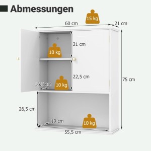 Weißer Costway Hängeschrank, 60x21x75 cm, mit offener Tür, verstellbarem Regal und offenem Fach. Belastbarkeit 15/10 kg.
