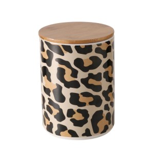 Moderne Boltze Vorratsdose Leony mit Leoparden-Print und Holzdeckel. Stilvolles Geschirr für Kaffee, Tee, Snacks.
