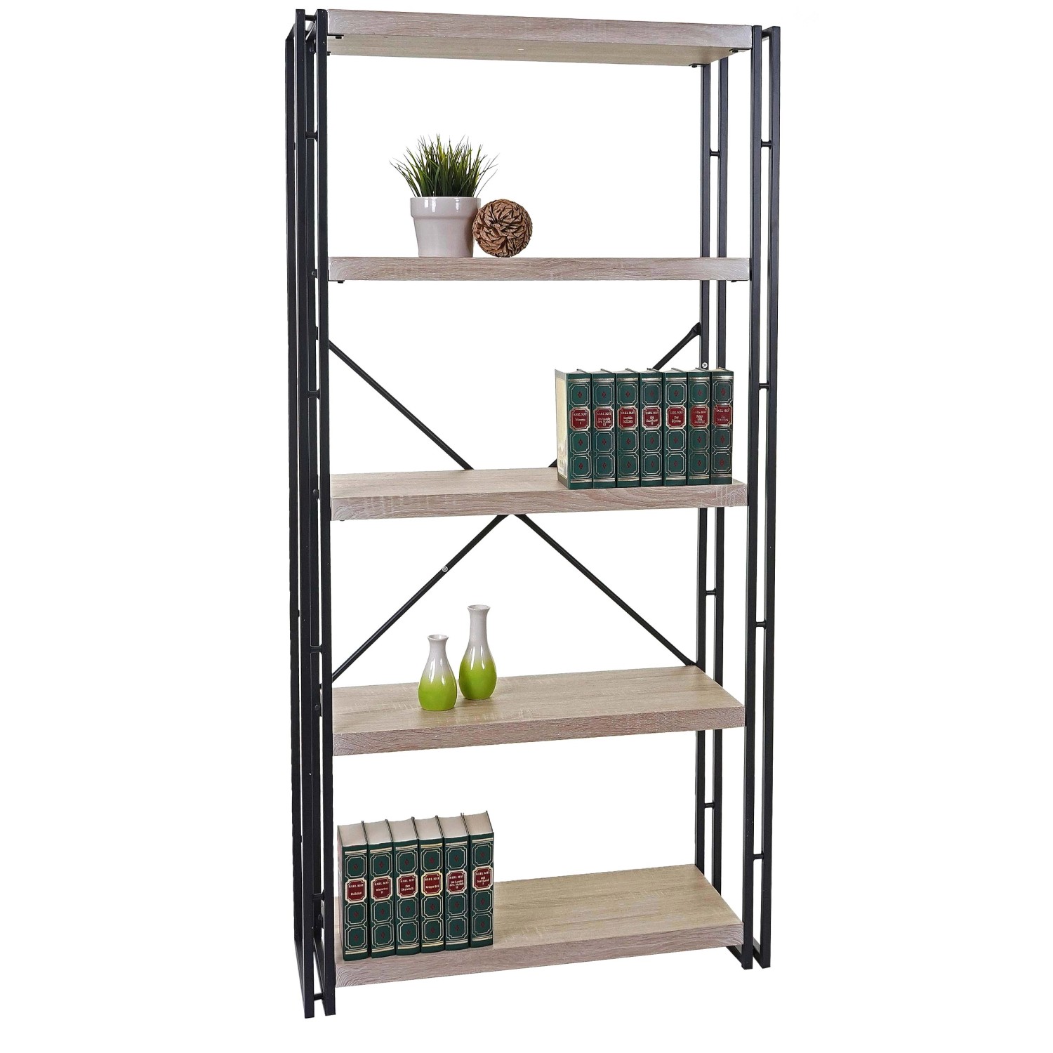 MCW Bücherregal A27 mit 5 Ebenen in Eiche-Optik und schwarzem Metallgestell.