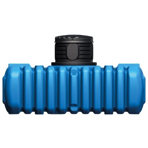 Blauer 4rain Flachtank Flat S 4.500 l mit schwarzem Domschacht für die Gartenbewässerung.