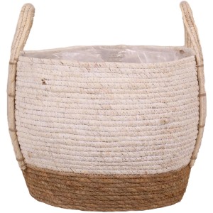 Weißer Korb mit Henkeln aus Stroh und Seegras, Ø 28 cm, ideal als Übertopf.