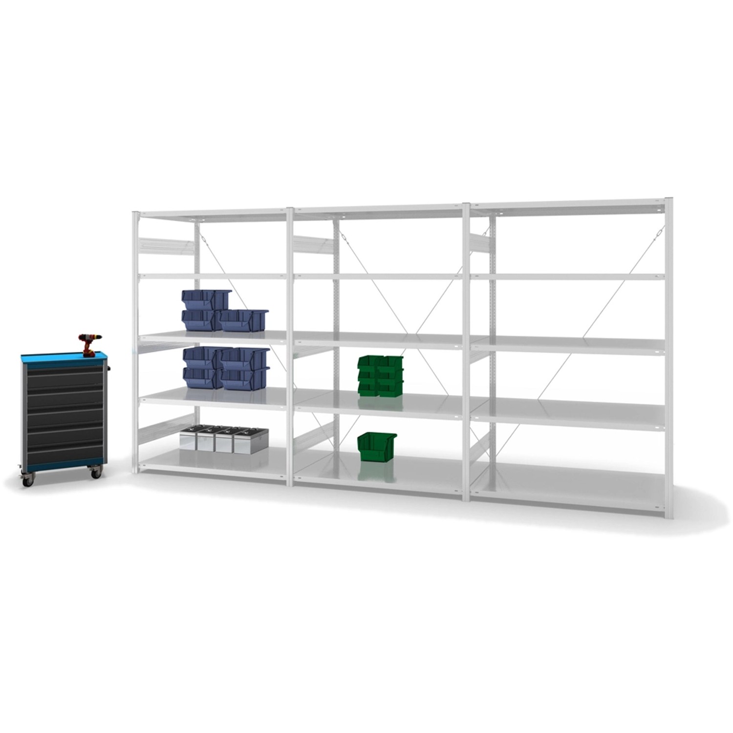 Lichtgraues PROREGAL Fachbodenregal Stecksystem mit 5 Ebenen und Werkzeugwagen.