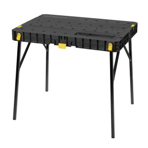 Stanley Essential Werkbank, einklappbar, mit schwarzer Arbeitsfläche und gelben Details.