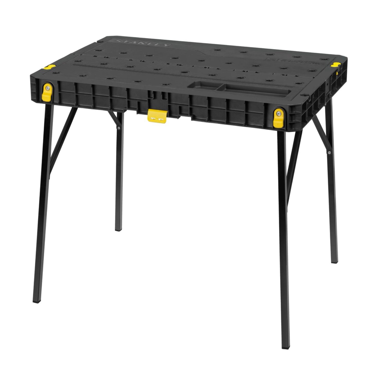Stanley Essential Werkbank, einklappbar, mit schwarzer Arbeitsfläche und gelben Details.