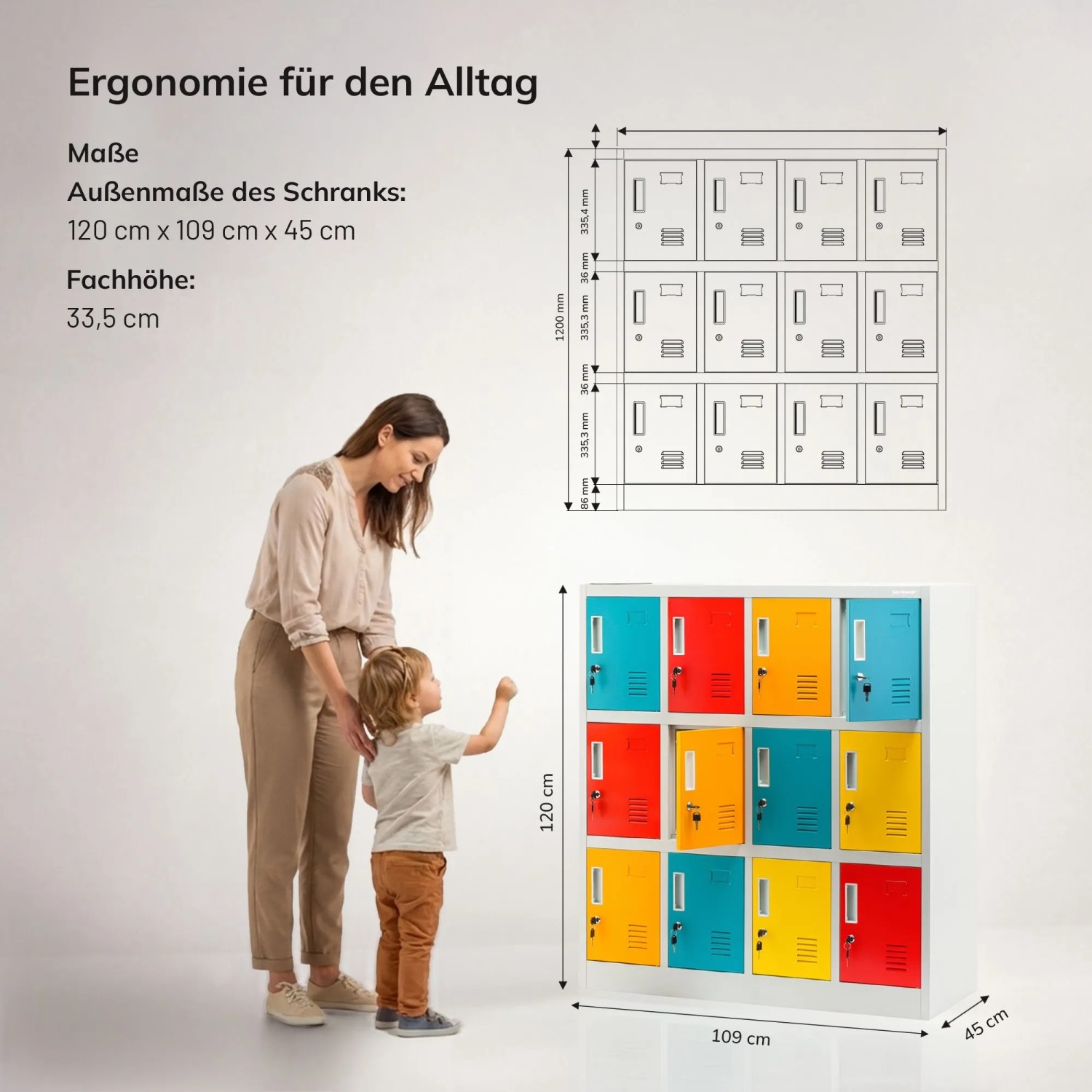 Jan Nowak Schließfachschrank OLA mit 12 bunten Fächern. Frau und Kind zeigen Größe. Ideal für Schule & Kita.