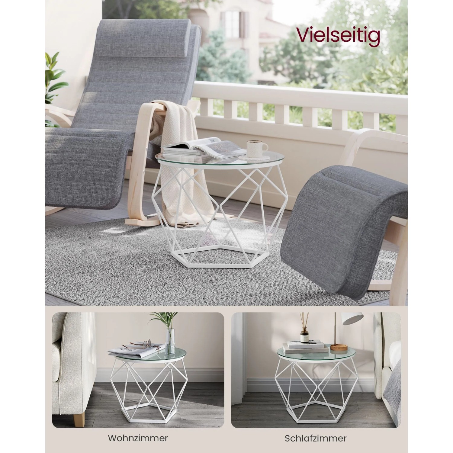 Vasagle 2er Set runde Wohnzimmertische, weißes Metallgestell, transparente Glasplatte.