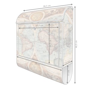 Weißer Briefkasten mit historischer Weltkarte und Zeitungsfach, pulverbeschichtet, 39x47x14cm.