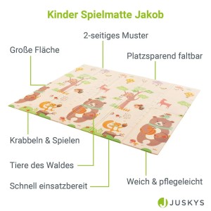 Juskys Spielmatte Jakob 180x200 cm mit Waldtier-Motiv. Faltbare Krabbelmatte für Babys und Kleinkinder.
